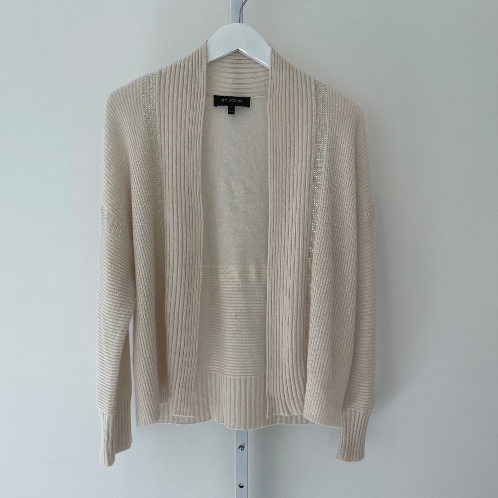 ST. JOHN NEUTRAL CASHMERE EMBELLISHED OPEN CARDIGAN SIZE P